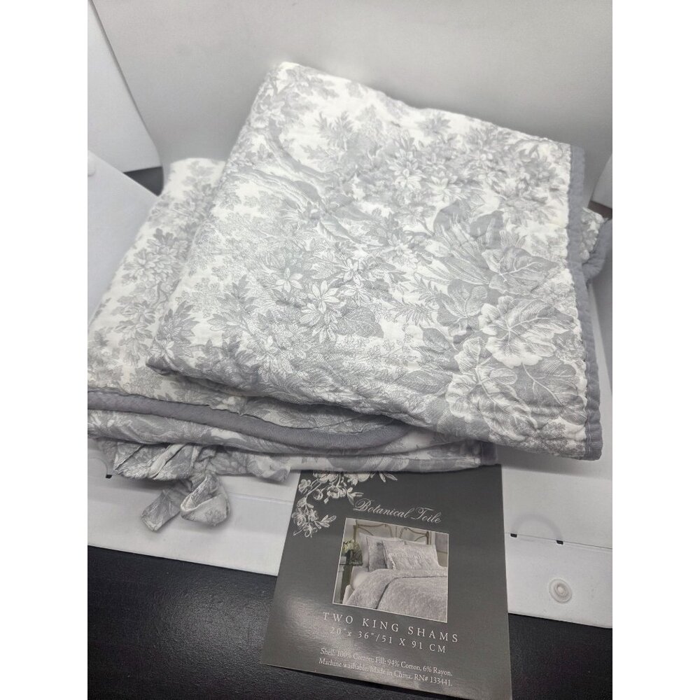 Toile Gray Floral Pillow Shams Set 2 King Quilted Cotton blend botanical cottage